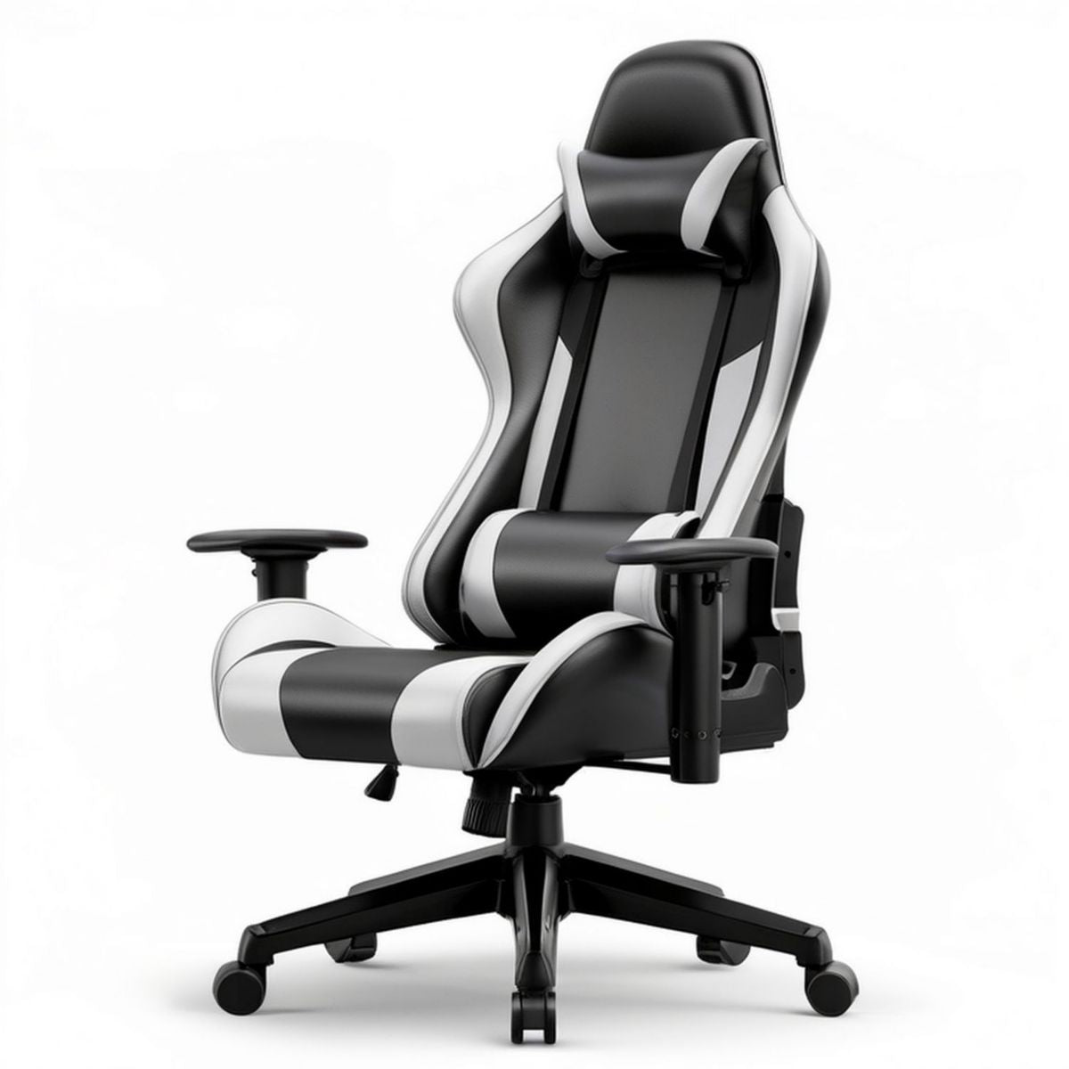 Obrotowy fotel gamingowy z podnóżkiem 68 x 68 x 120–130 cm, czarno-biały, tapicerka PU
