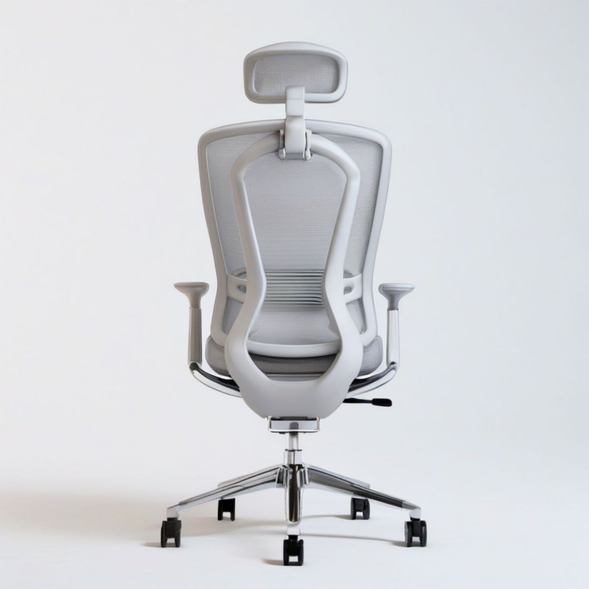 Ergonomiczne krzesło biurowe z regulowanym zagłówkiem, białe i jasnoszare, 66 × 66 × 118–128 cm