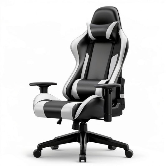 Obrotowy fotel gamingowy z podnóżkiem 68 x 68 x 120–130 cm, czarno-biały, tapicerka PU
