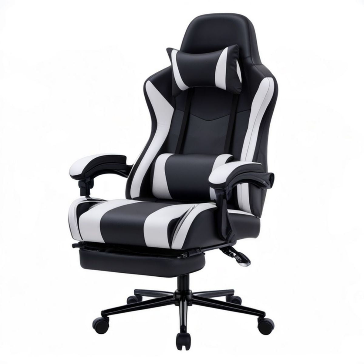 Obrotowy fotel gamingowy z podnóżkiem 67 x 70 x 125–135 cm, czarno-biały, ekoskóra PU