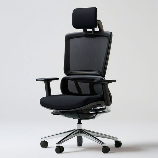 Czarne ergonomiczne krzesło obrotowe z siatkowym oparciem i zagłówkiem 66 x 66 x 118–128 cm